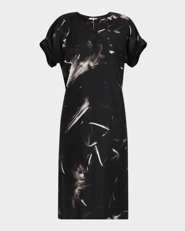 Cuffed Short-Sleeve Silk Dress